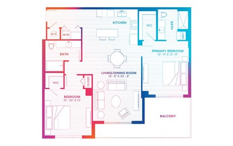 Floor plan for 2 beds, 2 baths, 1285 sqft